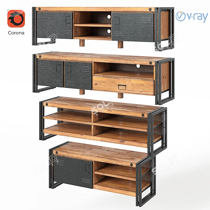 Modern Metal and Wood TV Stand Set 3D model image 1