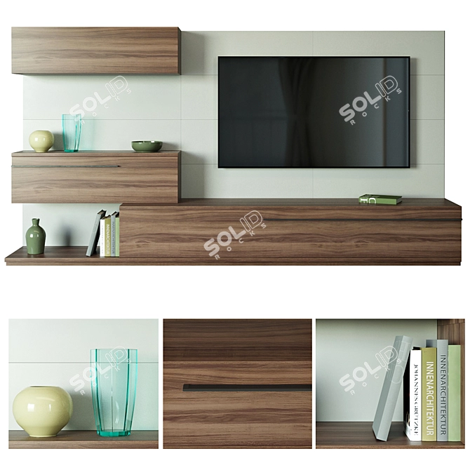 Title: Wood and White TV Wall Unit | Modular Design | 65 inch TV 3D model image 1