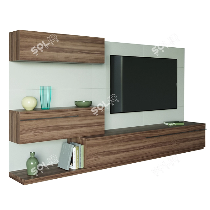 Title: Wood and White TV Wall Unit | Modular Design | 65 inch TV 3D model image 2