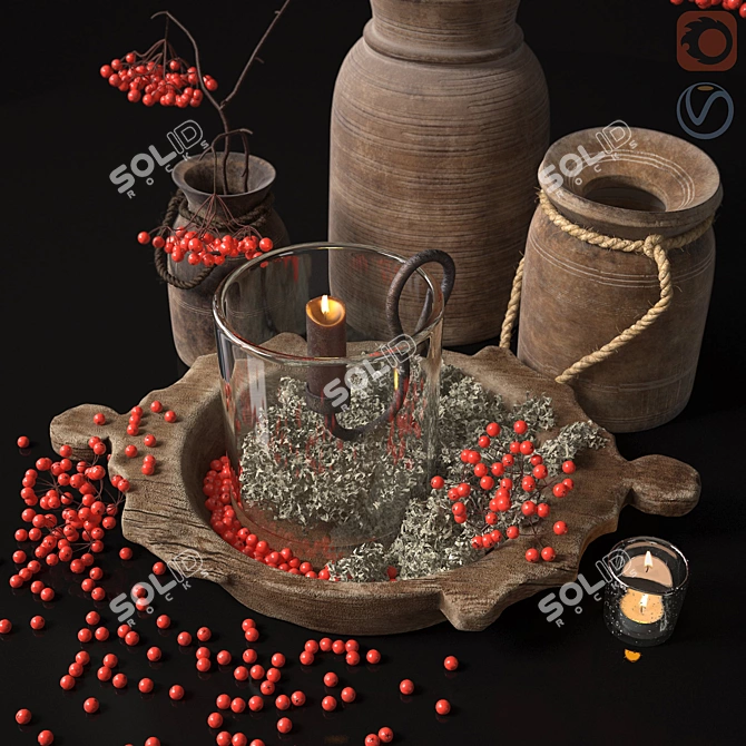 Vintage Decorative Set with Rowan Branch 3D model image 2