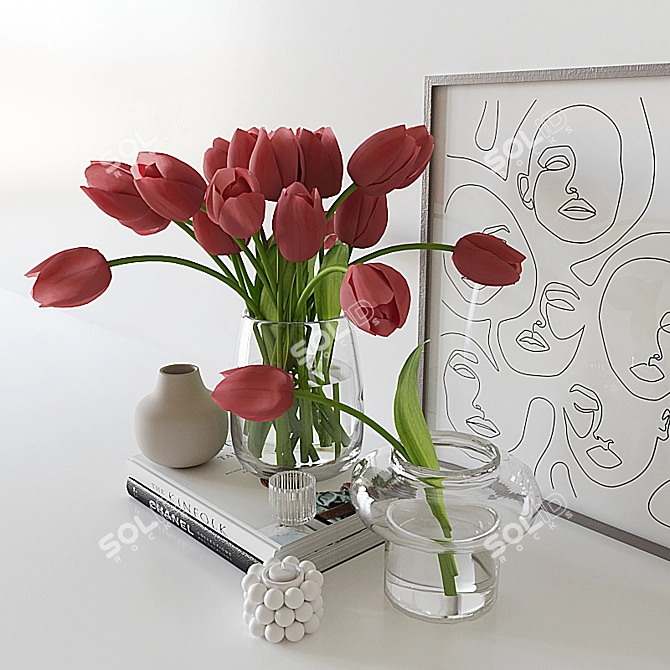 Elegant Red Tulip Decor Set 3D model image 3
