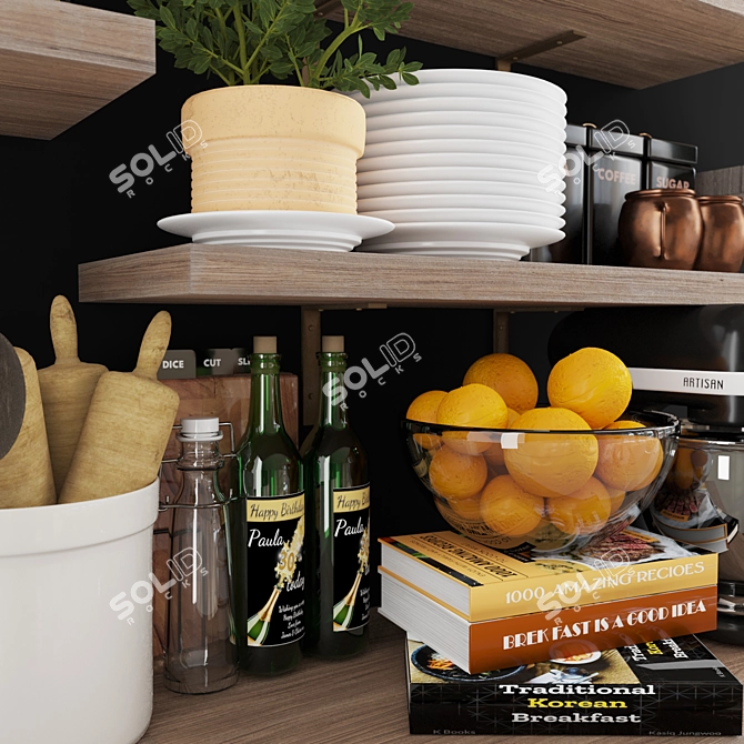 Rustic Kitchen Wood Shelf Set 3D model image 2