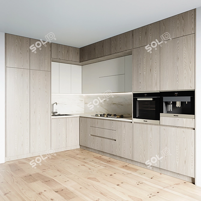 Contemporary Kitchen Set 046: Gas Hob, Sink, Oven, Hood, 4 Drawer 3D model image 1