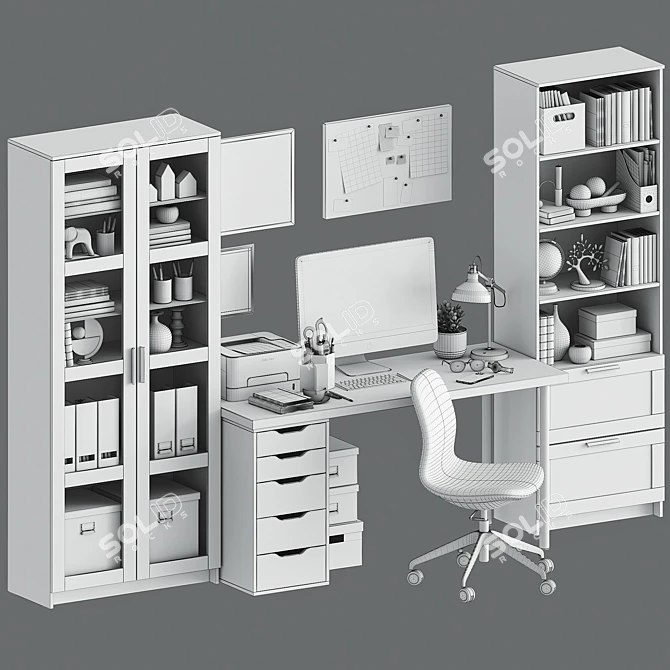 Modern Workplace Set: Desk, Chair, Lamp, Storage & Cabinets 3D model image 2