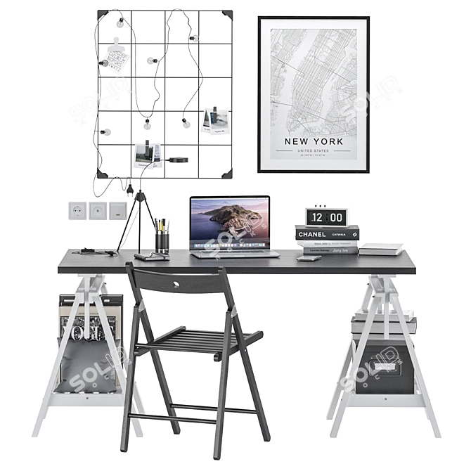 Modern Office Set: Desk, Chair, Shelves, Accessories 3D model image 1
