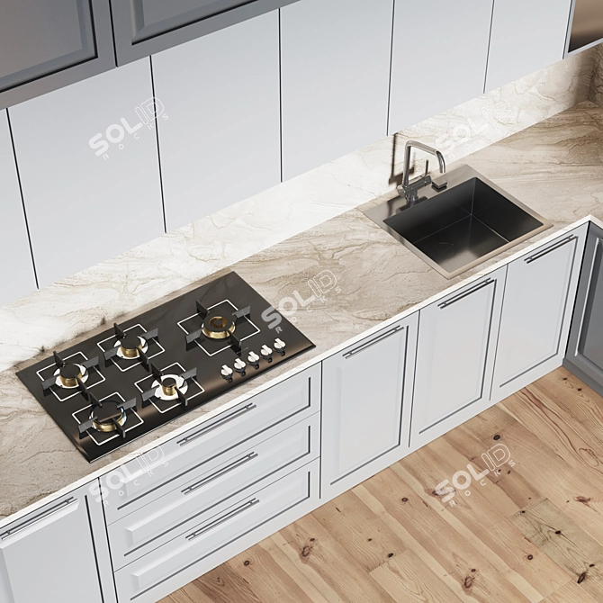 Modern Kitchen Setup - Gas Hob, Sink, Oven & Hood 3D model image 3