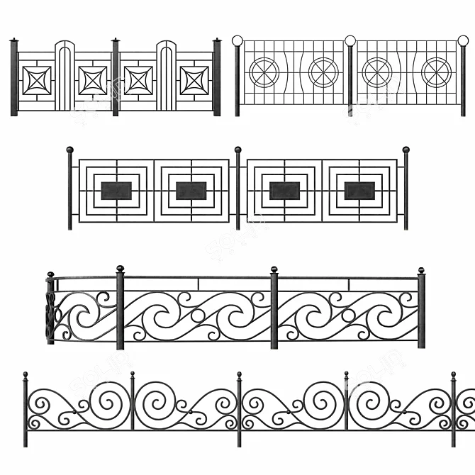 Elegant Wrought Iron Fence Set 3D model image 1