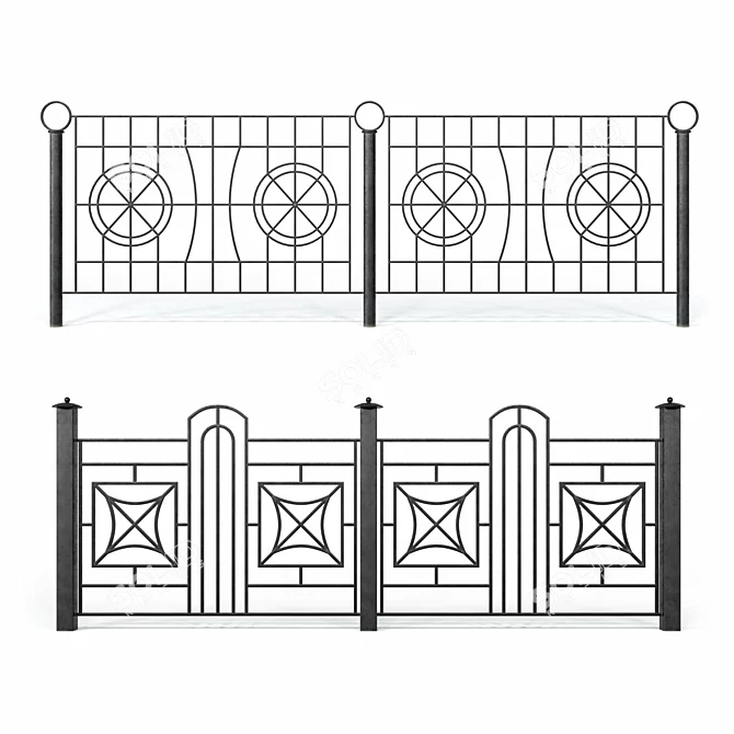 Elegant Wrought Iron Fence Set 3D model image 2