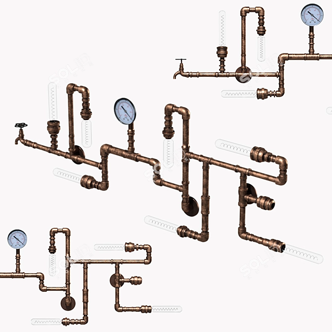 Industrial Copper Pipe Wall Lamp 3D model image 5