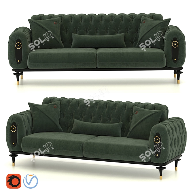 Luxury Army Green Velvet Tufted Sofa 3D model image 1