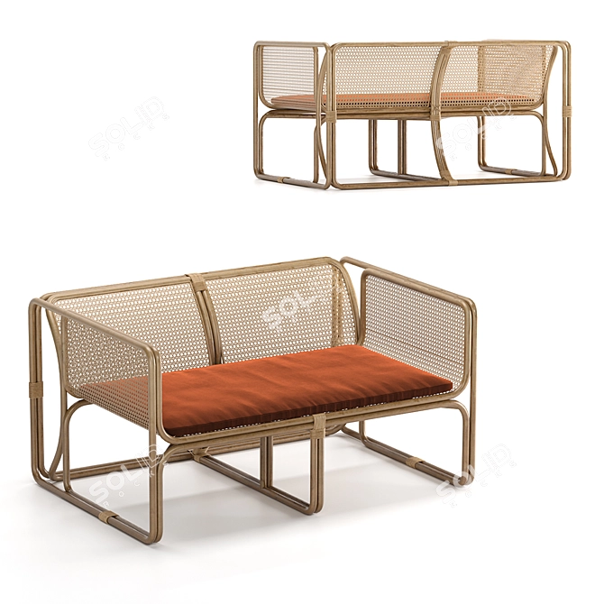 Elegant Natural Rattan Settee 3D model image 2