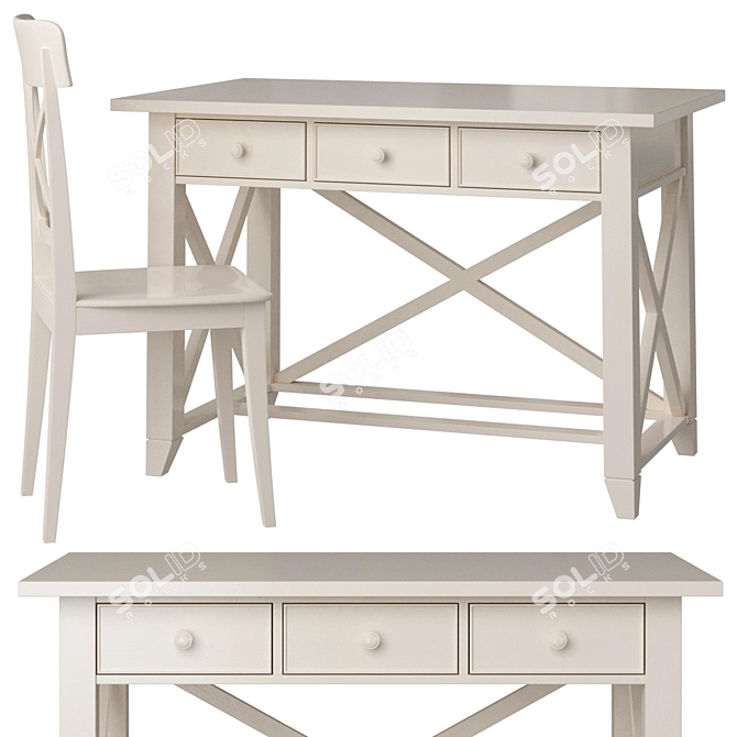 Scandinavian Writing Desk with Drawers & Chair 3D model image 1