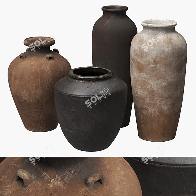 Rustic Relief Ceramic Vases Set 3D model image 1