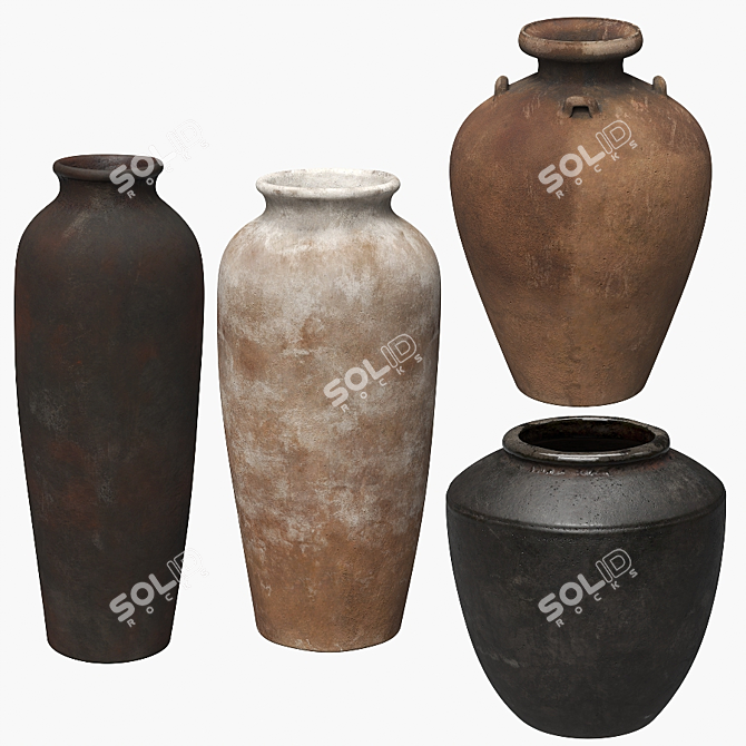 Rustic Relief Ceramic Vases Set 3D model image 4