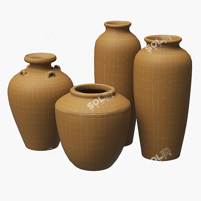 Rustic Relief Ceramic Vases Set 3D model image 5