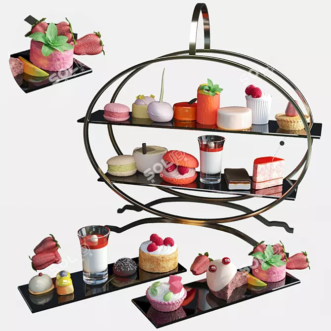 Delicious Dessert Tray: Sweets, Cake, Macarons 3D model image 1