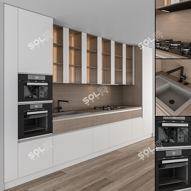 Sleek White & Wood Kitchen 3D model image 1
