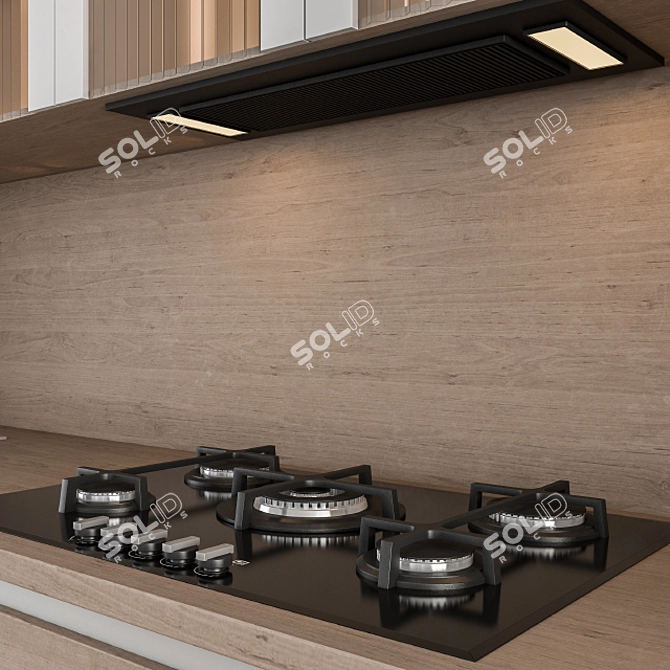 Sleek White & Wood Kitchen 3D model image 2