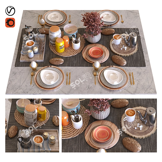 Elegant Breakfast Table Set 3D model image 1