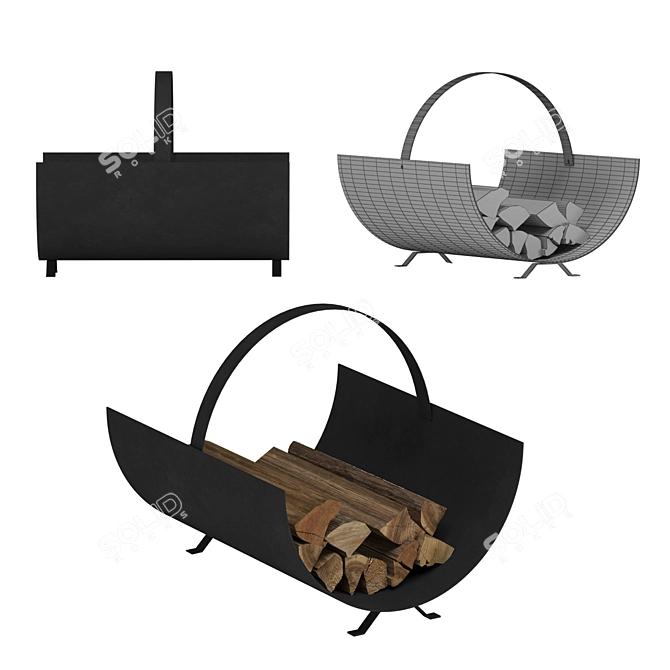 Black Steel Firewood Log Rack & Fireplace Tools 3D model image 4