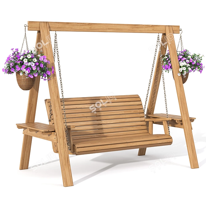 Wooden Garden Swing with Hanging Flower Pots 3D model image 1