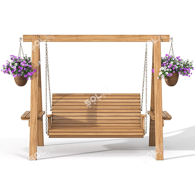 Wooden Garden Swing with Hanging Flower Pots 3D model image 2