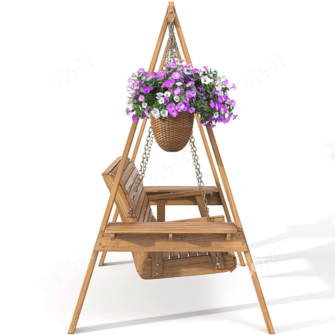 Wooden Garden Swing with Hanging Flower Pots 3D model image 3