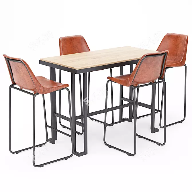 Vintage Leather Bar Table and Stool Set 3D model image 1