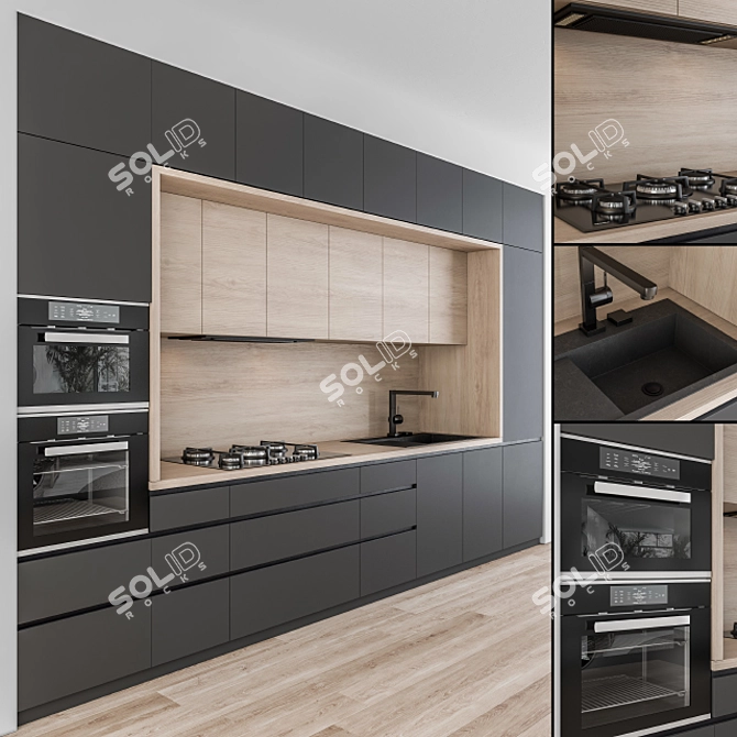 Sleek Black and Wood Kitchen 3D model image 1