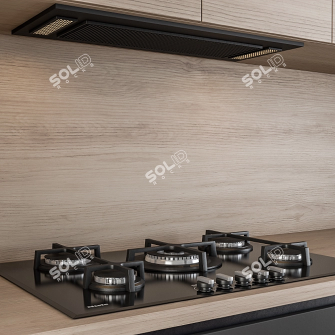 Sleek Black and Wood Kitchen 3D model image 2