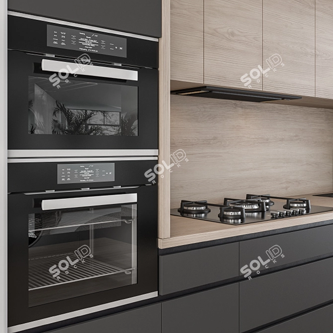 Sleek Black and Wood Kitchen 3D model image 4