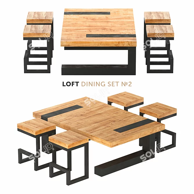 Industrial Oak Loft Dining Set 3D model image 1