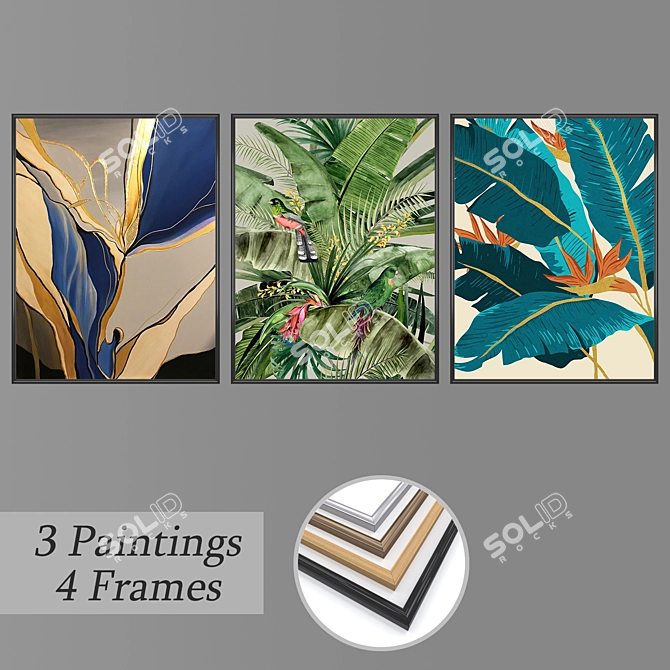 Modern Art Set: 3 Paintings with 4 Frame Options 3D model image 1