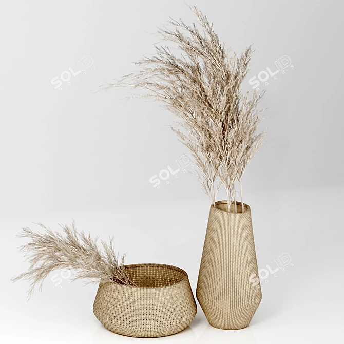 Pampas Paradise: Dried Plants in Straw Baskets 3D model image 3