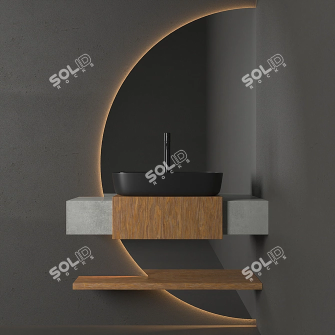 Modern Bathroom Set: Wooden Cabinet, Semicircular Mirror, Black Taps 3D model image 1