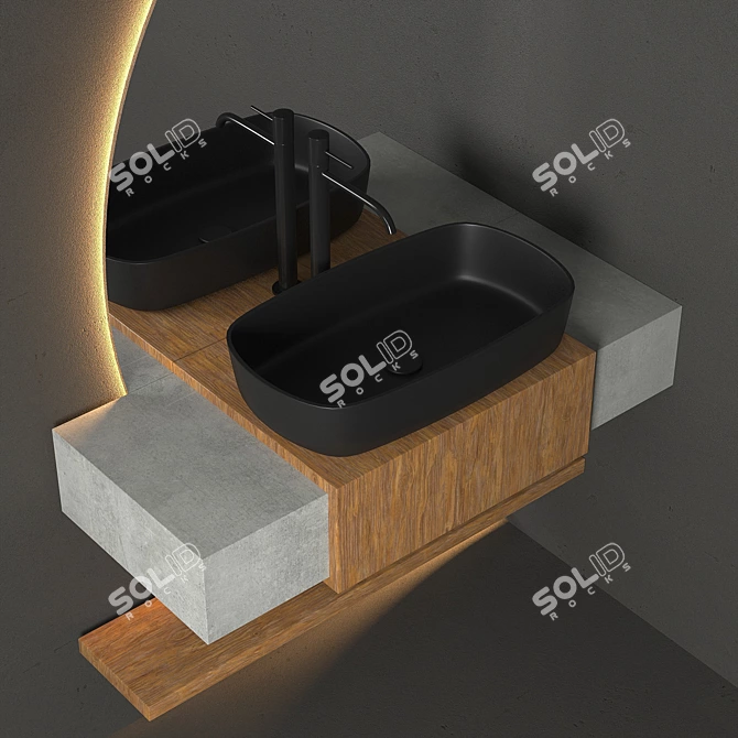 Modern Bathroom Set: Wooden Cabinet, Semicircular Mirror, Black Taps 3D model image 2