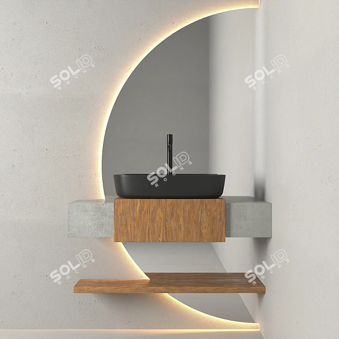 Modern Bathroom Set: Wooden Cabinet, Semicircular Mirror, Black Taps 3D model image 4