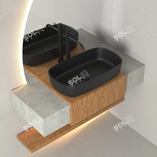 Modern Bathroom Set: Wooden Cabinet, Semicircular Mirror, Black Taps 3D model image 5