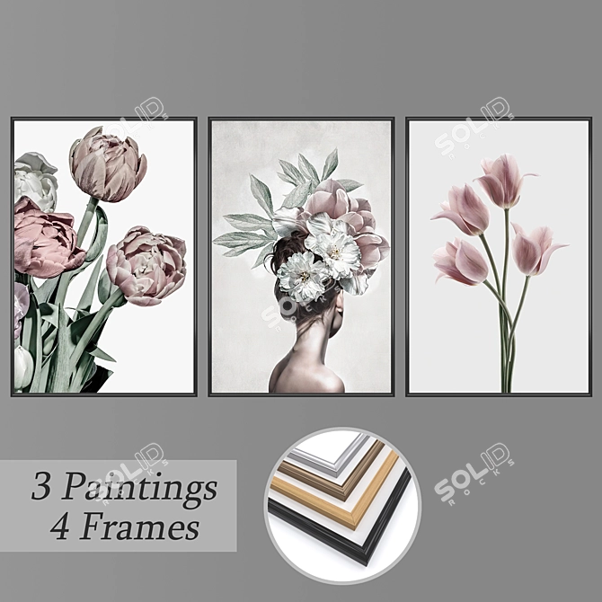 3-Piece Wall Paintings Set with Various Frames 3D model image 4