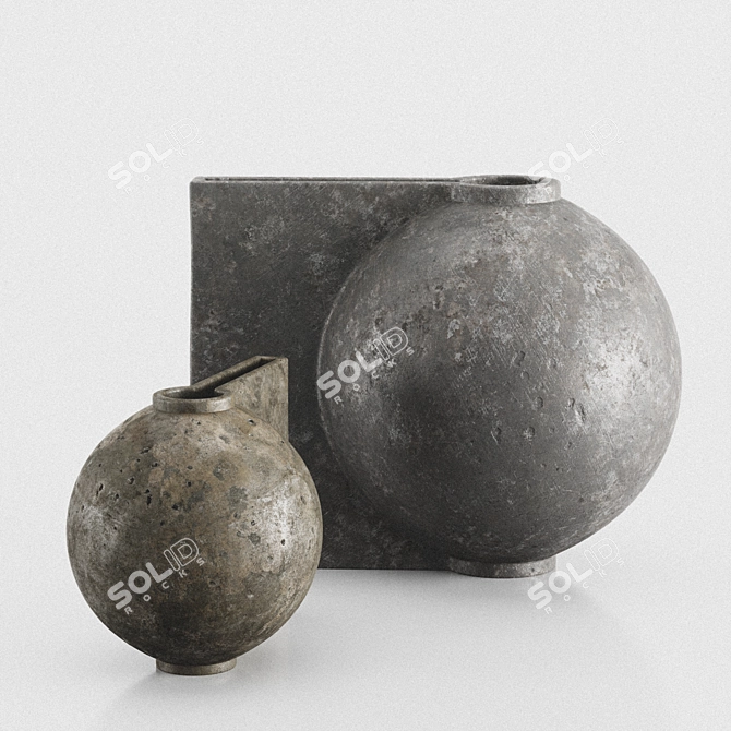 Sleek Offset Dark Gray Vase Duo 3D model image 1