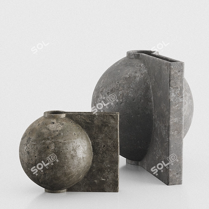 Sleek Offset Dark Gray Vase Duo 3D model image 2
