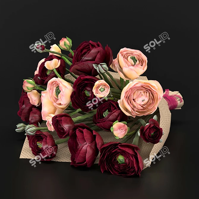 Ranunculus Bouquet: Elegant Flower Arrangement 3D model image 2