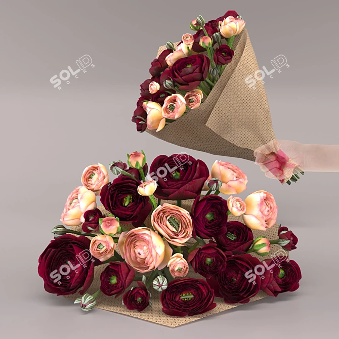 Ranunculus Bouquet: Elegant Flower Arrangement 3D model image 3