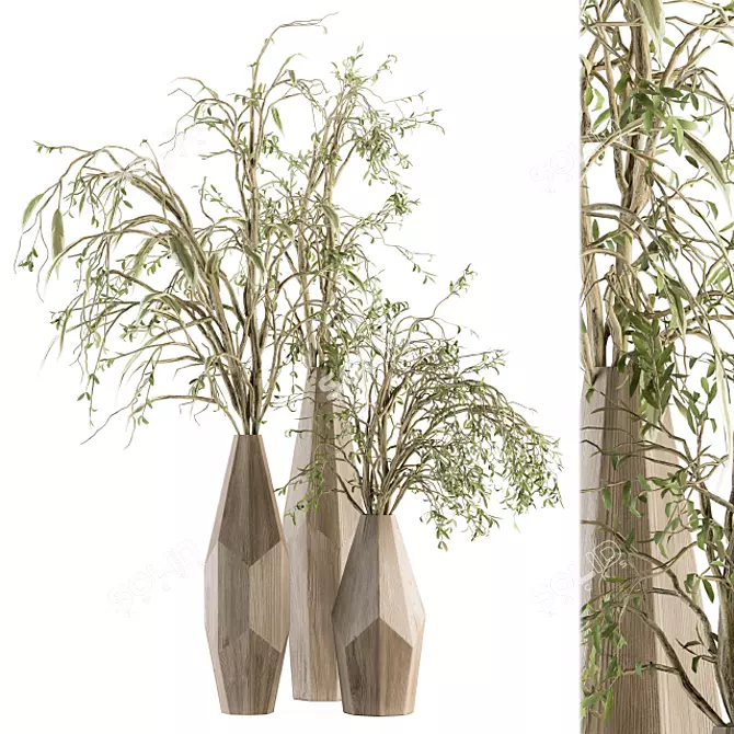 Eco Chic: Green Branch in Wooden Vase 3D model image 1