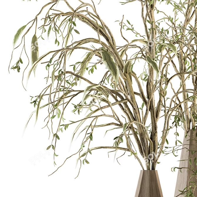Eco Chic: Green Branch in Wooden Vase 3D model image 2