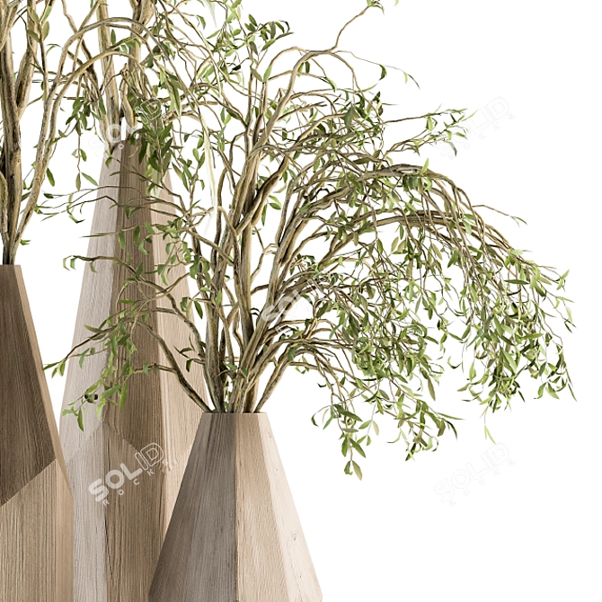 Eco Chic: Green Branch in Wooden Vase 3D model image 3