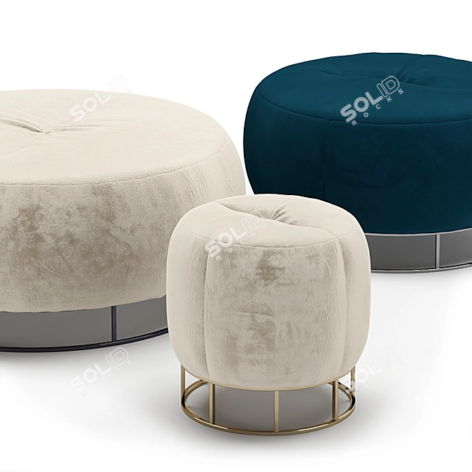 Velvet Round Metal Base Pouf Set 3D model image 2