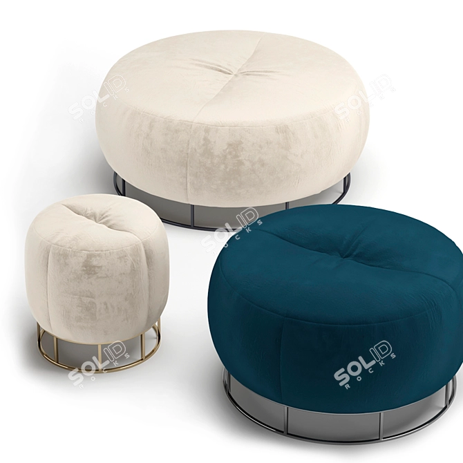 Velvet Round Metal Base Pouf Set 3D model image 5