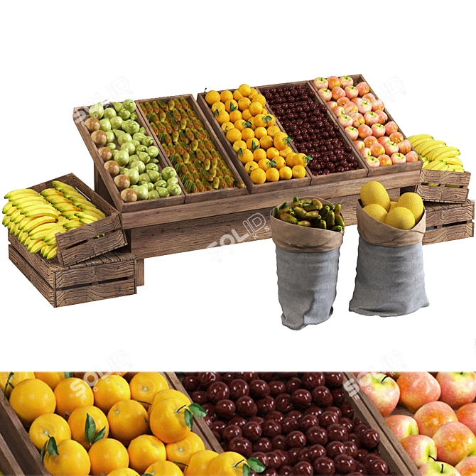 Market Fruit Boxes: Melon, Apple, Plum, Orange, Citrus, Pear, Banana 3D model image 1