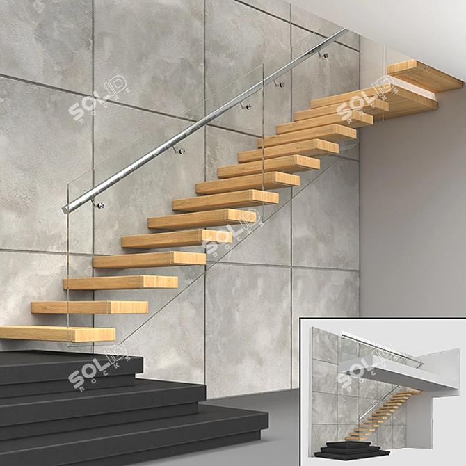 Modern Stairs 2 - Wood, Concrete & Glass 3D model image 1